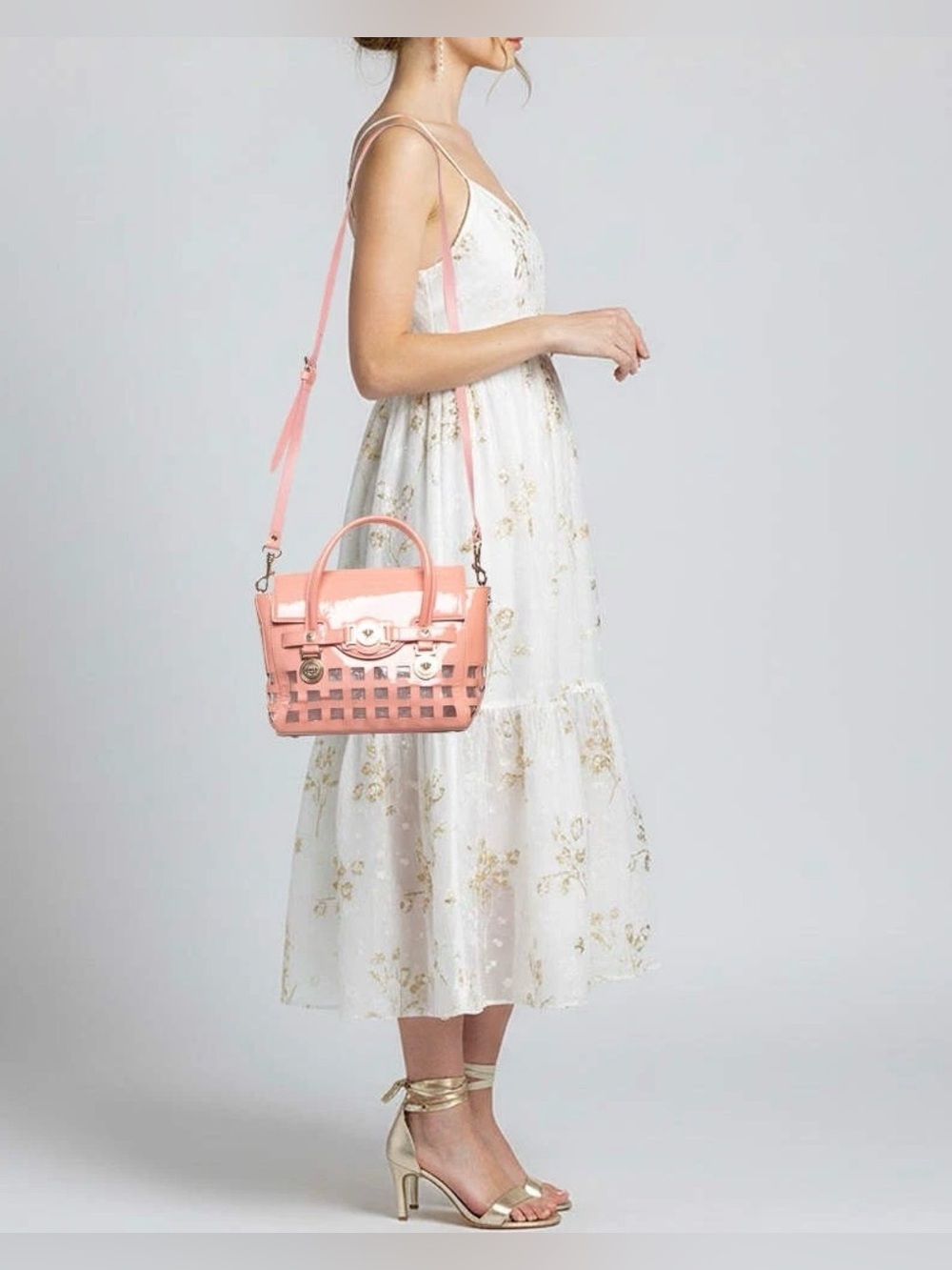 Versace Pink Patent Leather Medusa Cutout Satchel Crossbody Bag Golden Hardware - Picture 2 of 16